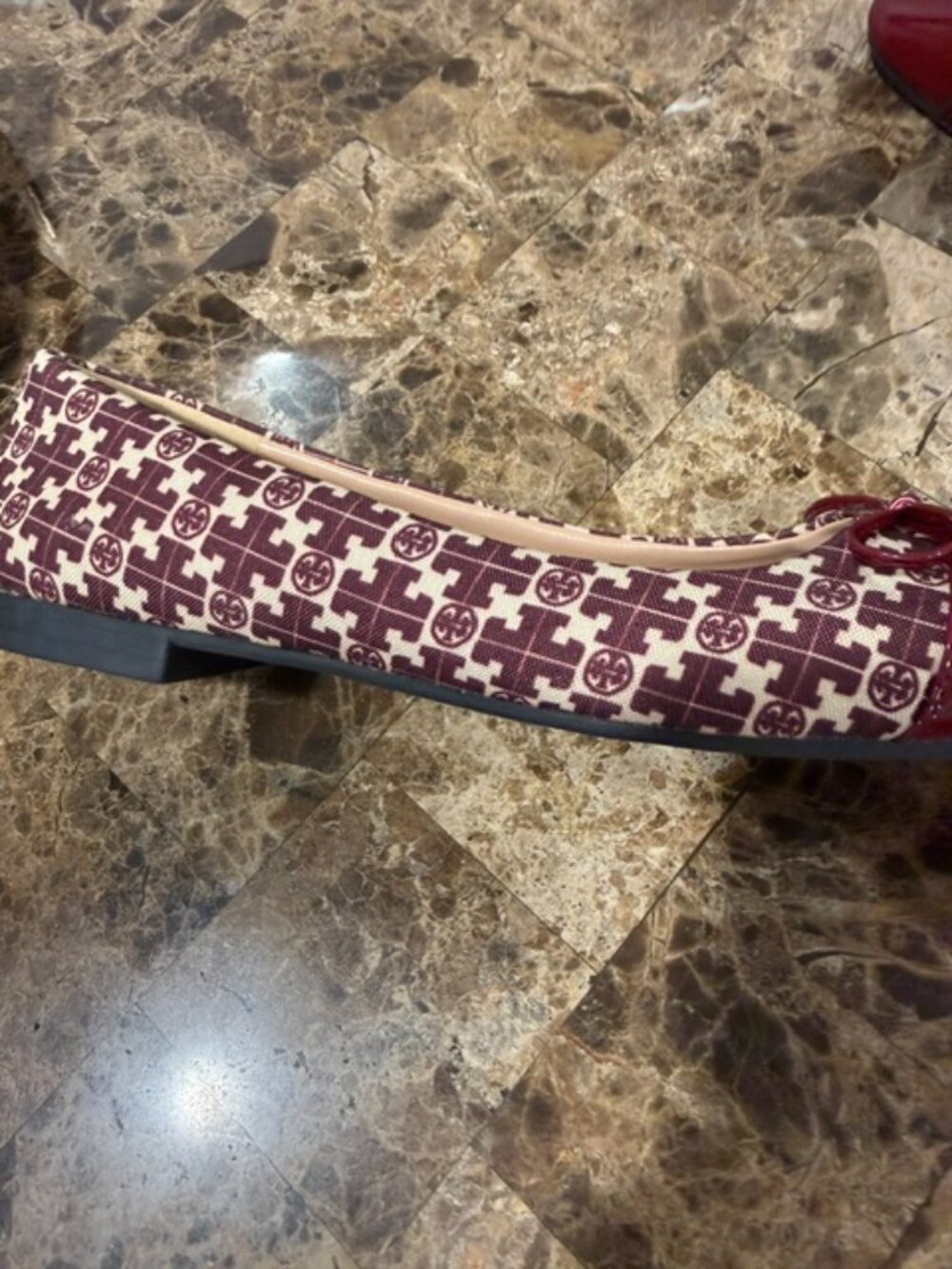 Tory Burch T Monogram Ballet Flats Red/Beige Jacquard & Patent Leather - Size 9 - Picture 8 of 12